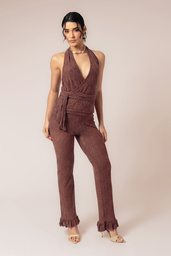 BLUSA CAIS FRENTE ÚNICA DECOTE PROFUNDO - RENDA MARROM