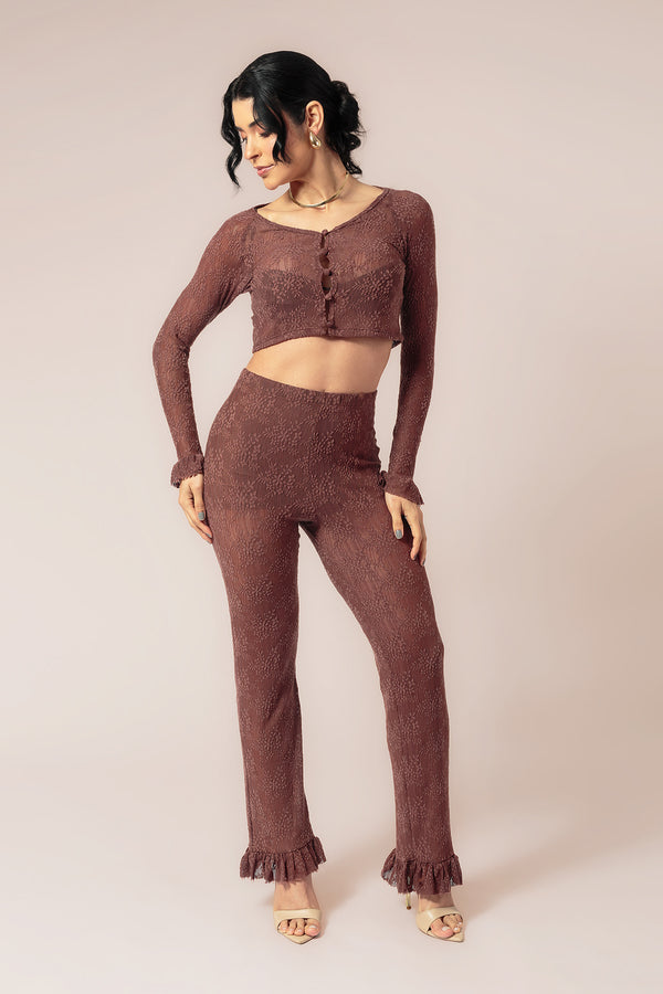 BLUSA ESPUMA CROPPED RENDA MANGA LONGA - MARROM
